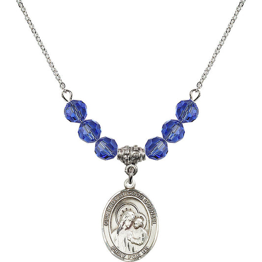 Sterling Silver Our Lady of Good Counsel Birthstone Necklace with Sapphire Beads - 8287