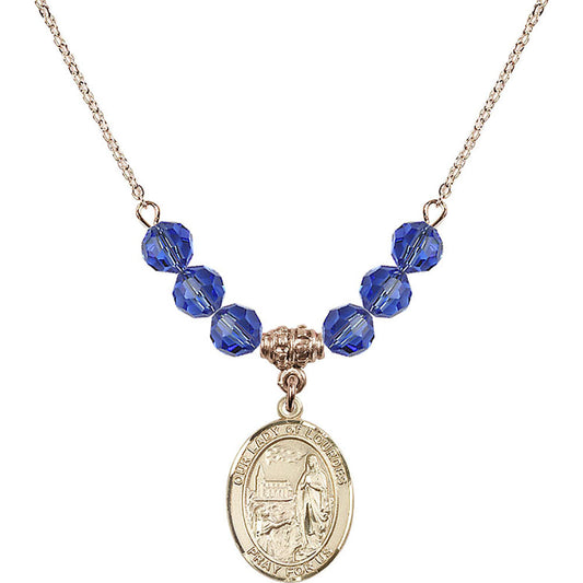 14kt Gold Filled Our Lady of Lourdes Birthstone Necklace with Sapphire Beads - 8288