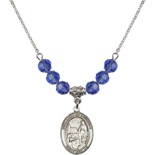 Sterling Silver Our Lady of Lourdes Birthstone Necklace with Sapphire Beads - 8288
