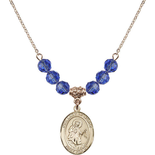 14kt Gold Filled Our Lady of Mercy Birthstone Necklace with Sapphire Beads - 8289