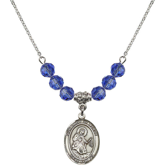 Sterling Silver Our Lady of Mercy Birthstone Necklace with Sapphire Beads - 8289