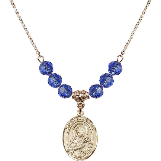 14kt Gold Filled Mater Dolorosa Birthstone Necklace with Sapphire Beads - 8290