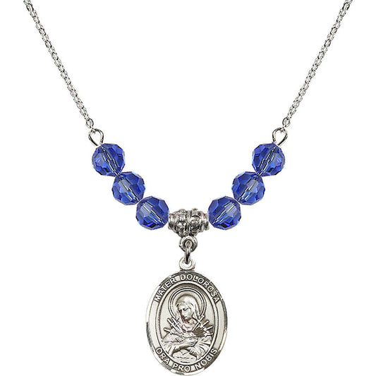Sterling Silver Mater Dolorosa Birthstone Necklace with Sapphire Beads - 8290