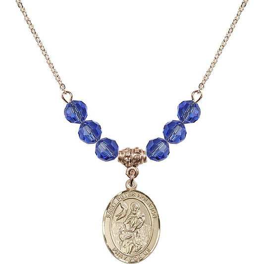 14kt Gold Filled Saint Peter Nolasco Birthstone Necklace with Sapphire Beads - 8291