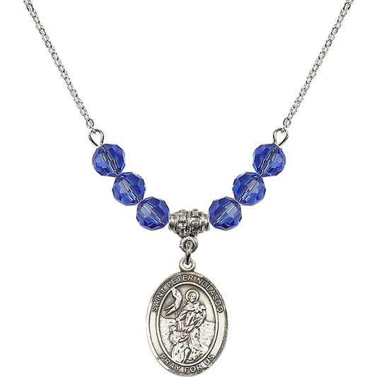 Sterling Silver Saint Peter Nolasco Birthstone Necklace with Sapphire Beads - 8291