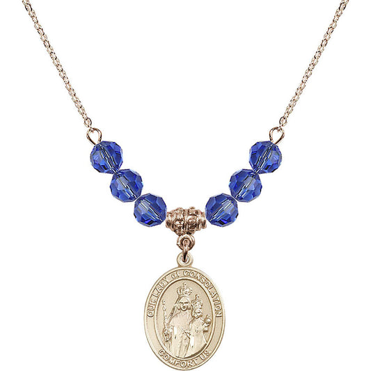 14kt Gold Filled Our Lady of Consolation Birthstone Necklace with Sapphire Beads - 8292