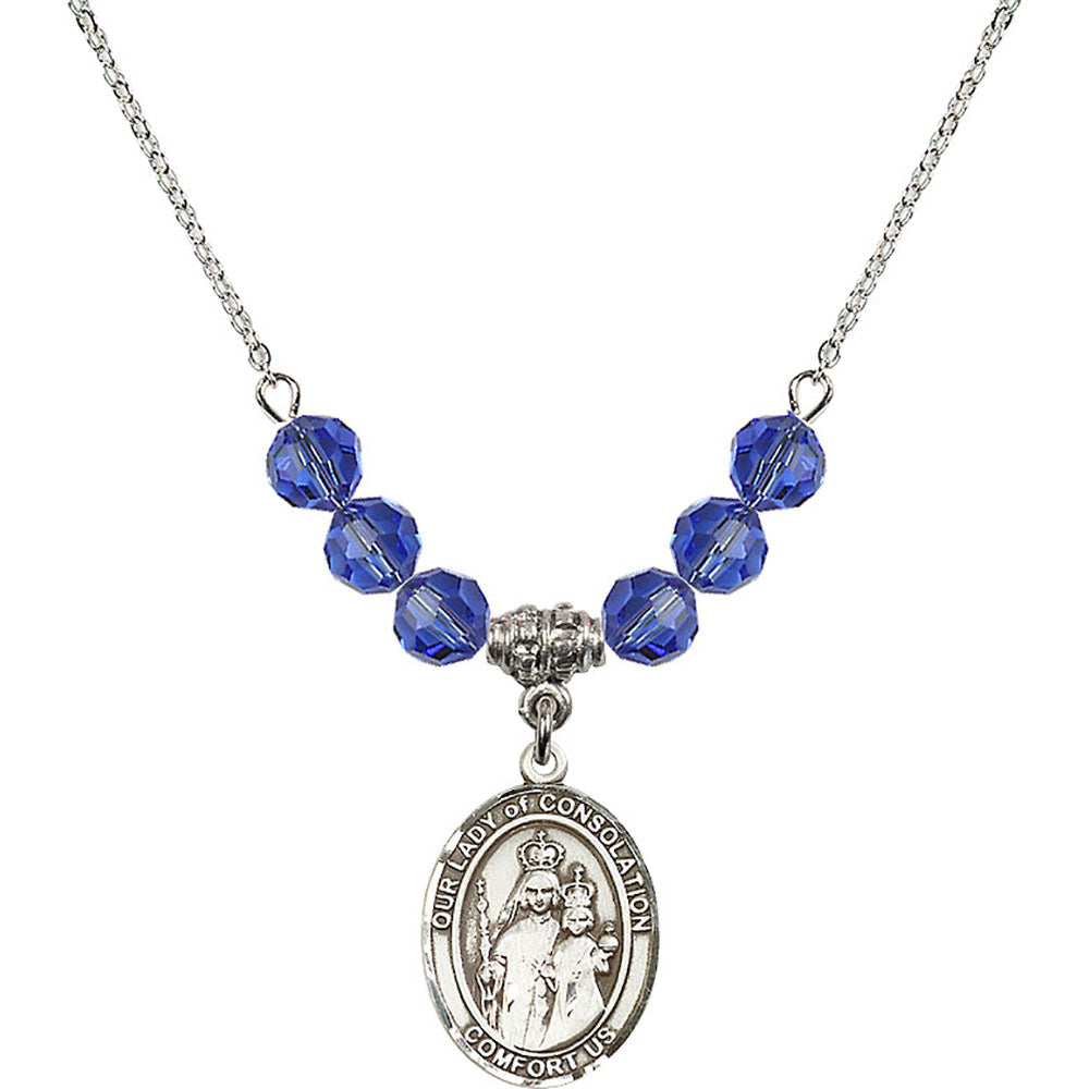 Sterling Silver Our Lady of Consolation Birthstone Necklace with Sapphire Beads - 8292
