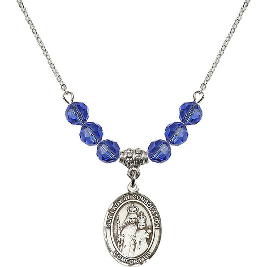 Sterling Silver Our Lady of Consolation Birthstone Necklace with Sapphire Beads - 8292