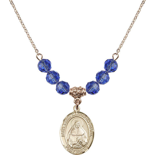 14kt Gold Filled Saint Marie Magdalen Postel Birthstone Necklace with Sapphire Beads - 8294