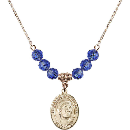 14kt Gold Filled Saint Teresa of Calcutta Birthstone Necklace with Sapphire Beads - 8295