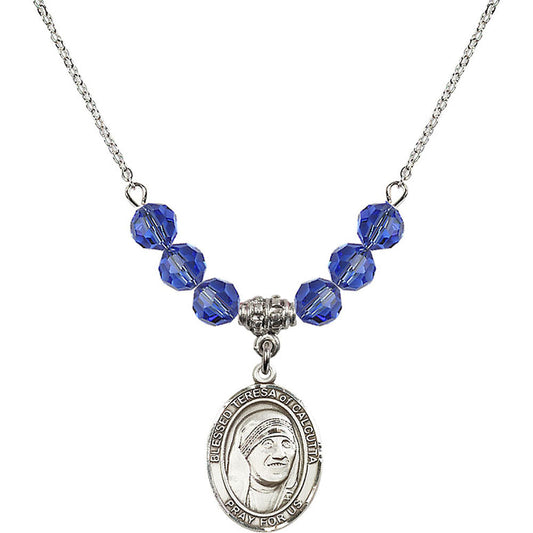 Sterling Silver Saint Teresa of Calcutta Birthstone Necklace with Sapphire Beads - 8295