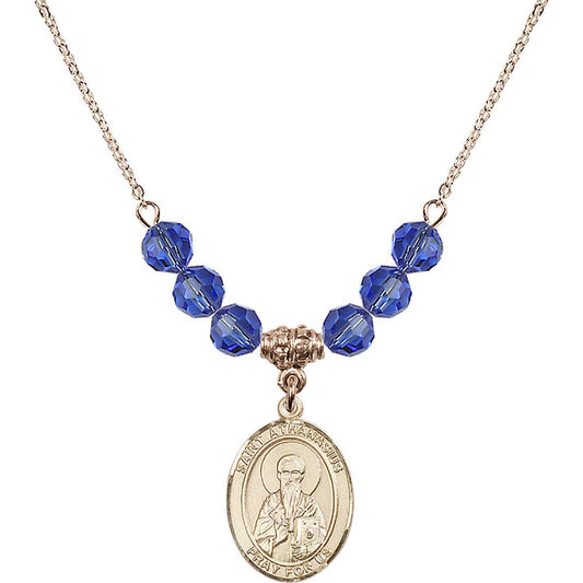 14kt Gold Filled Saint Athanasius Birthstone Necklace with Sapphire Beads - 8296