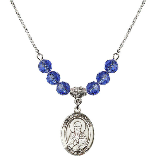 Sterling Silver Saint Athanasius Birthstone Necklace with Sapphire Beads - 8296