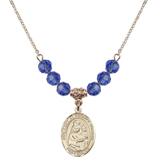 14kt Gold Filled Our Lady of Prompt Succor Birthstone Necklace with Sapphire Beads - 8299