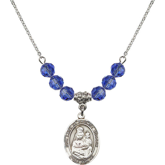Sterling Silver Our Lady of Prompt Succor Birthstone Necklace with Sapphire Beads - 8299