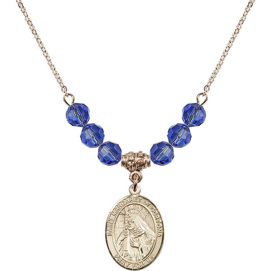 14kt Gold Filled Saint Margaret of Cortona Birthstone Necklace with Sapphire Beads - 8301