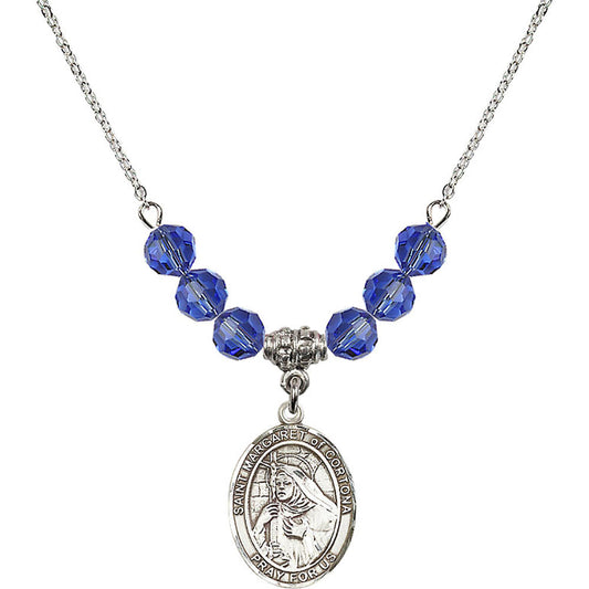 Sterling Silver Saint Margaret of Cortona Birthstone Necklace with Sapphire Beads - 8301