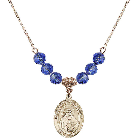 14kt Gold Filled Saint Bede the Venerable Birthstone Necklace with Sapphire Beads - 8302