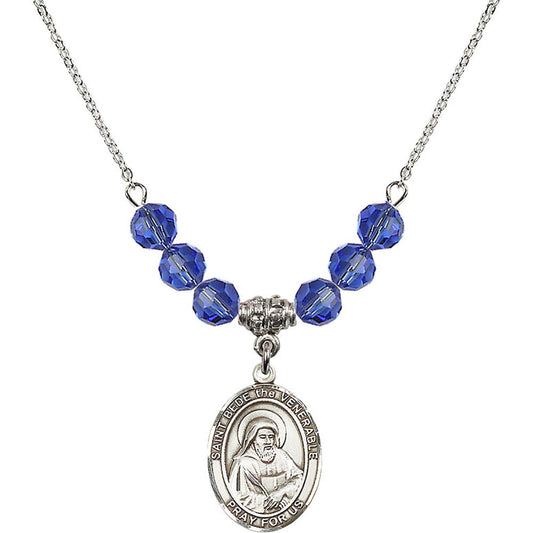 Sterling Silver Saint Bede the Venerable Birthstone Necklace with Sapphire Beads - 8302