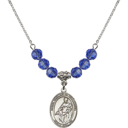 Sterling Silver Saint Thomas of Villanova Birthstone Necklace with Sapphire Beads - 8304
