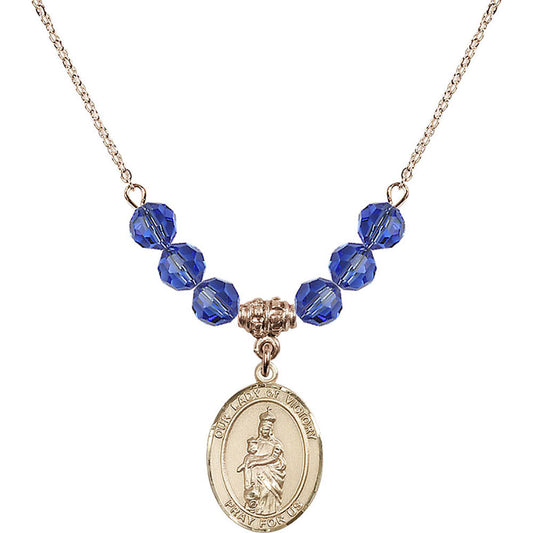 14kt Gold Filled Our Lady of Victory Birthstone Necklace with Sapphire Beads - 8306