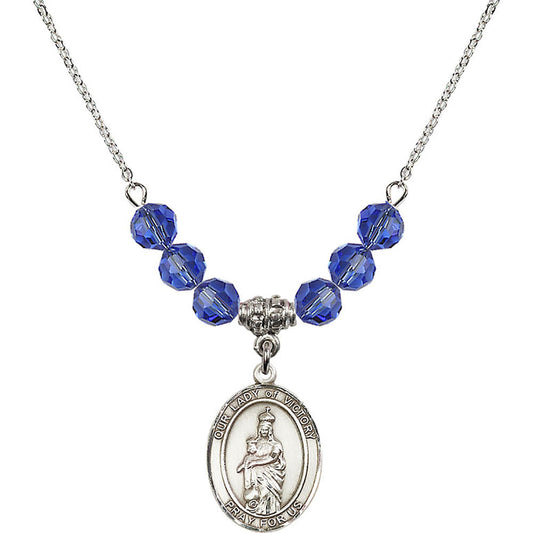 Sterling Silver Our Lady of Victory Birthstone Necklace with Sapphire Beads - 8306