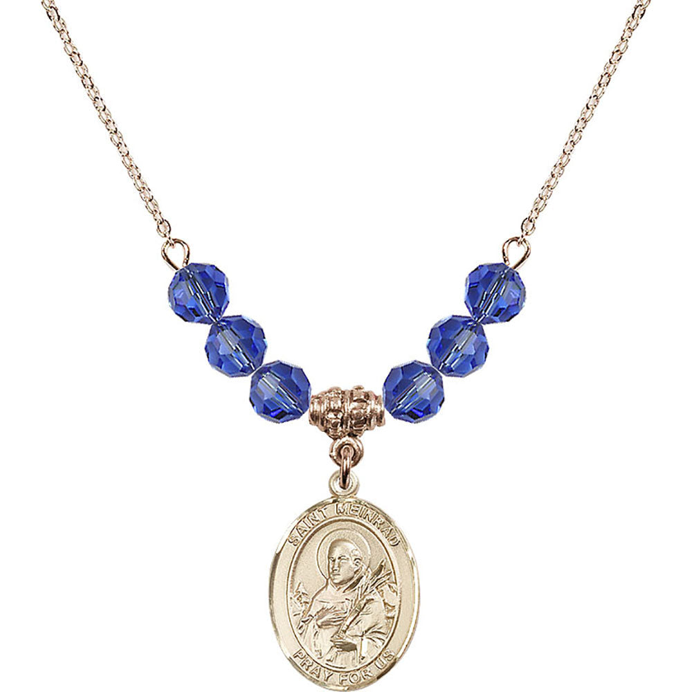 14kt Gold Filled Saint Meinrad of Einsiedeln Birthstone Necklace with Sapphire Beads - 8307