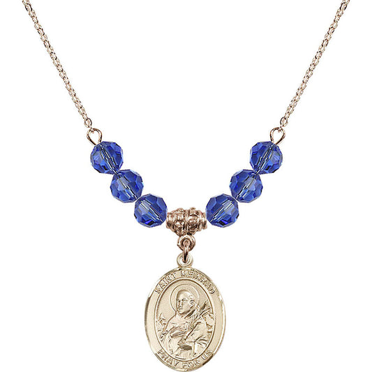 14kt Gold Filled Saint Meinrad of Einsiedeln Birthstone Necklace with Sapphire Beads - 8307