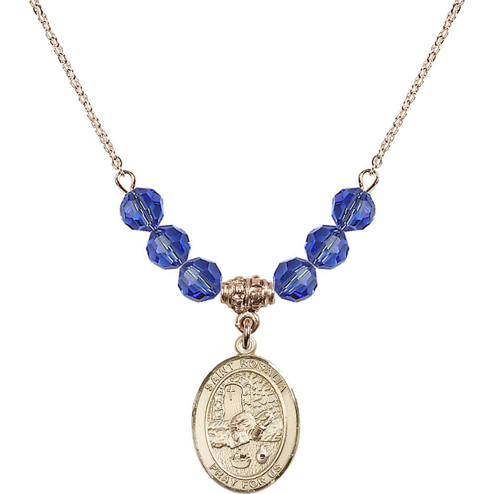 14kt Gold Filled Saint Rosalia Birthstone Necklace with Sapphire Beads - 8309