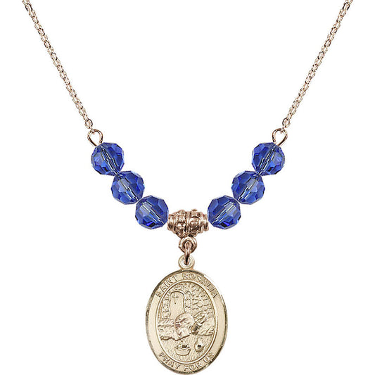 14kt Gold Filled Saint Rosalia Birthstone Necklace with Sapphire Beads - 8309