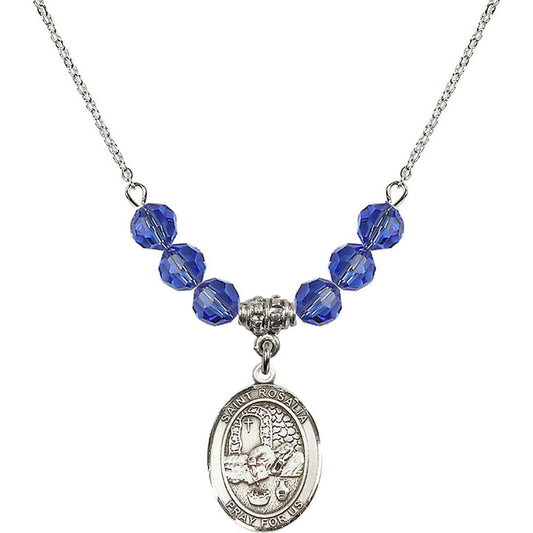 Sterling Silver Saint Rosalia Birthstone Necklace with Sapphire Beads - 8309