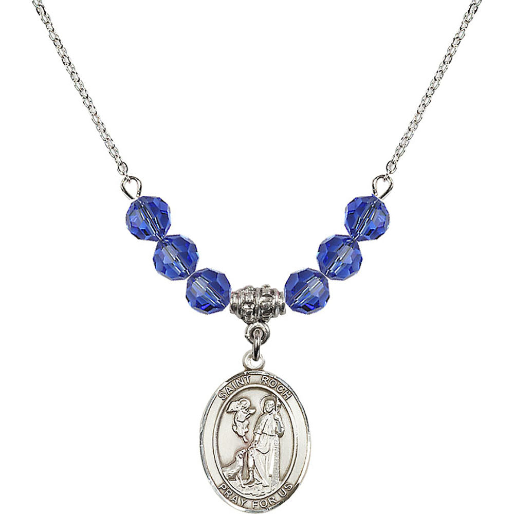 Sterling Silver Saint Roch Birthstone Necklace with Sapphire Beads - 8310
