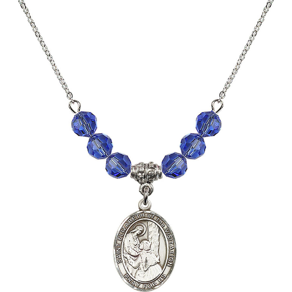 Sterling Silver Saint Elizabeth of the Visitation Birthstone Necklace with Sapphire Beads - 8311