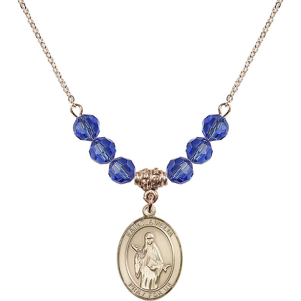 14kt Gold Filled Saint Amelia Birthstone Necklace with Sapphire Beads - 8313