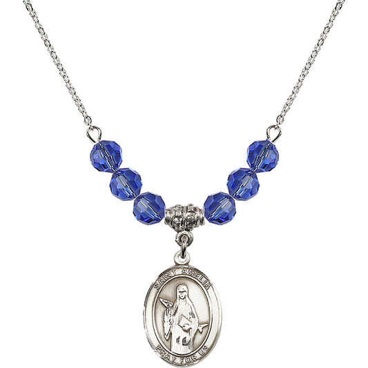 Sterling Silver Saint Amelia Birthstone Necklace with Sapphire Beads - 8313