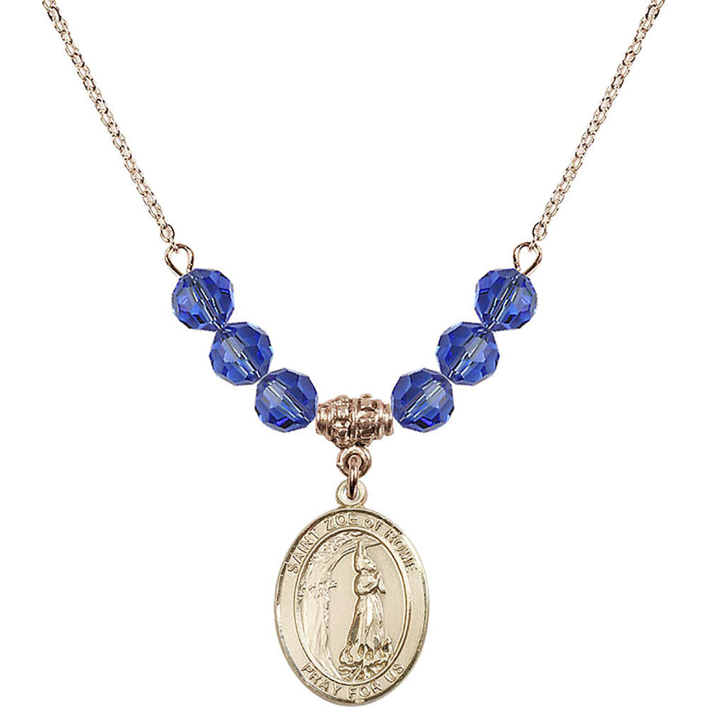 14kt Gold Filled Saint Zoe of Rome Birthstone Necklace with Sapphire Beads - 8314