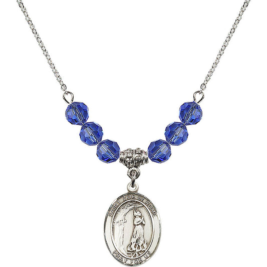 Sterling Silver Saint Zoe of Rome Birthstone Necklace with Sapphire Beads - 8314