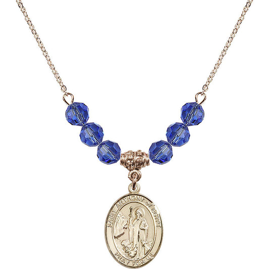 14kt Gold Filled Saint Anthony of Egypt Birthstone Necklace with Sapphire Beads - 8317