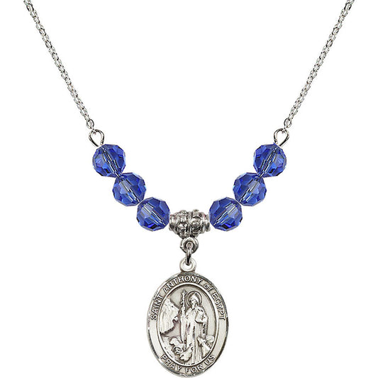 Sterling Silver Saint Anthony of Egypt Birthstone Necklace with Sapphire Beads - 8317