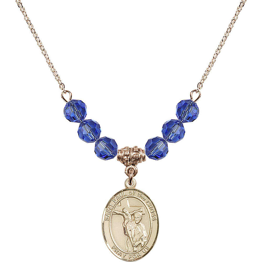 14kt Gold Filled Saint Paul of the Cross Birthstone Necklace with Sapphire Beads - 8318