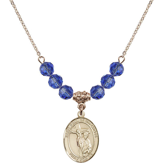14kt Gold Filled Saint Paul of the Cross Birthstone Necklace with Sapphire Beads - 8318
