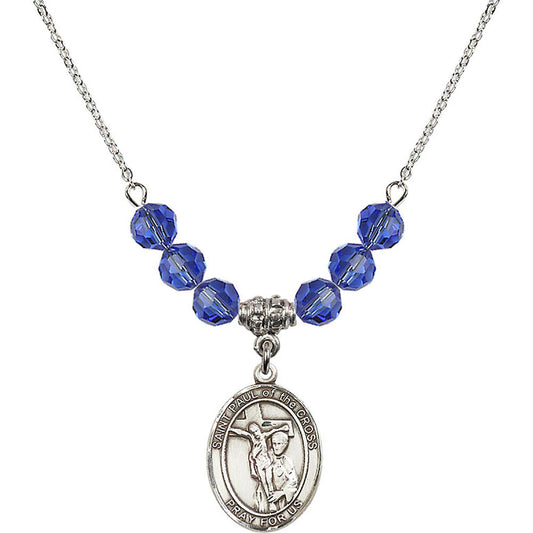 Sterling Silver Saint Paul of the Cross Birthstone Necklace with Sapphire Beads - 8318