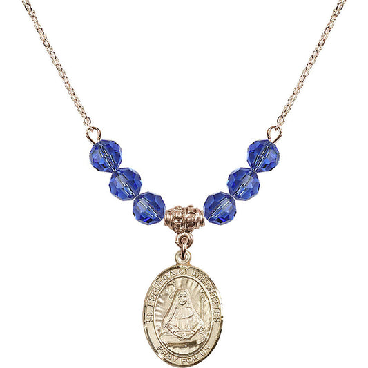 14kt Gold Filled Saint Edburga of Winchester Birthstone Necklace with Sapphire Beads - 8324