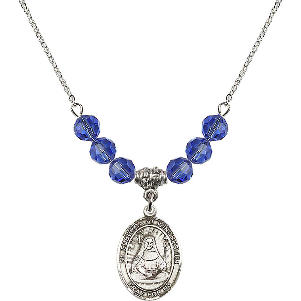 Sterling Silver Saint Edburga of Winchester Birthstone Necklace with Sapphire Beads - 8324