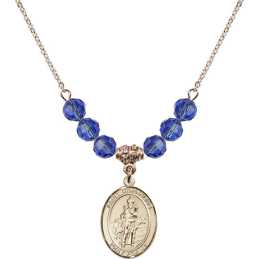 14kt Gold Filled Saint Cornelius Birthstone Necklace with Sapphire Beads - 8325