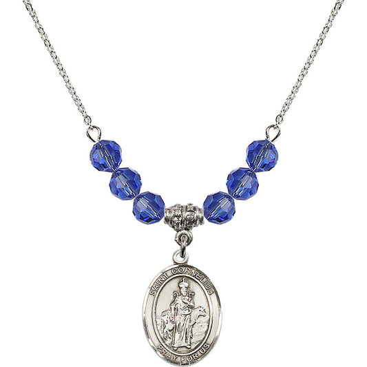 Sterling Silver Saint Cornelius Birthstone Necklace with Sapphire Beads - 8325