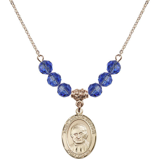 14kt Gold Filled Saint Arnold Janssen Birthstone Necklace with Sapphire Beads - 8328