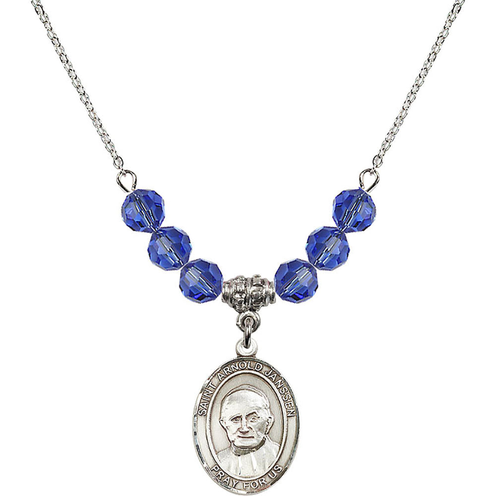 Sterling Silver Saint Arnold Janssen Birthstone Necklace with Sapphire Beads - 8328