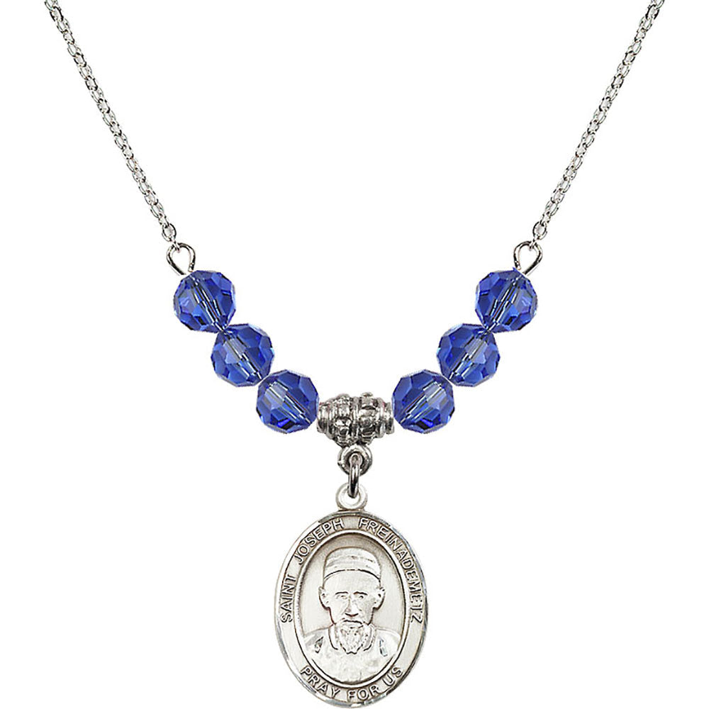 Sterling Silver Saint Joseph Freinademetz Birthstone Necklace with Sapphire Beads - 8329