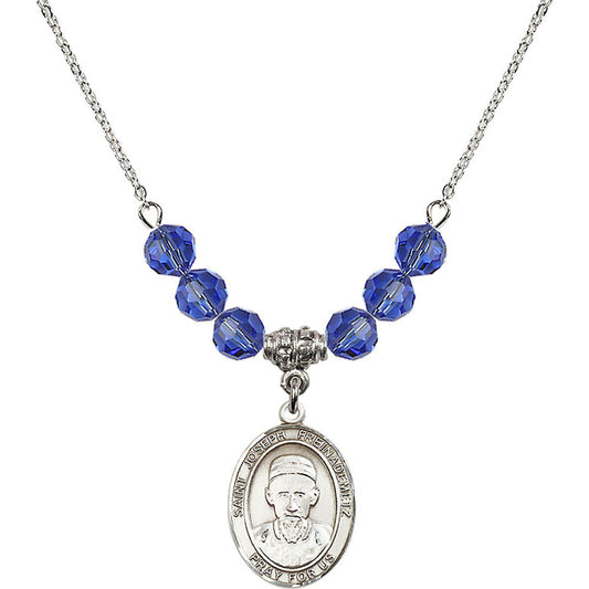 Sterling Silver Saint Joseph Freinademetz Birthstone Necklace with Sapphire Beads - 8329